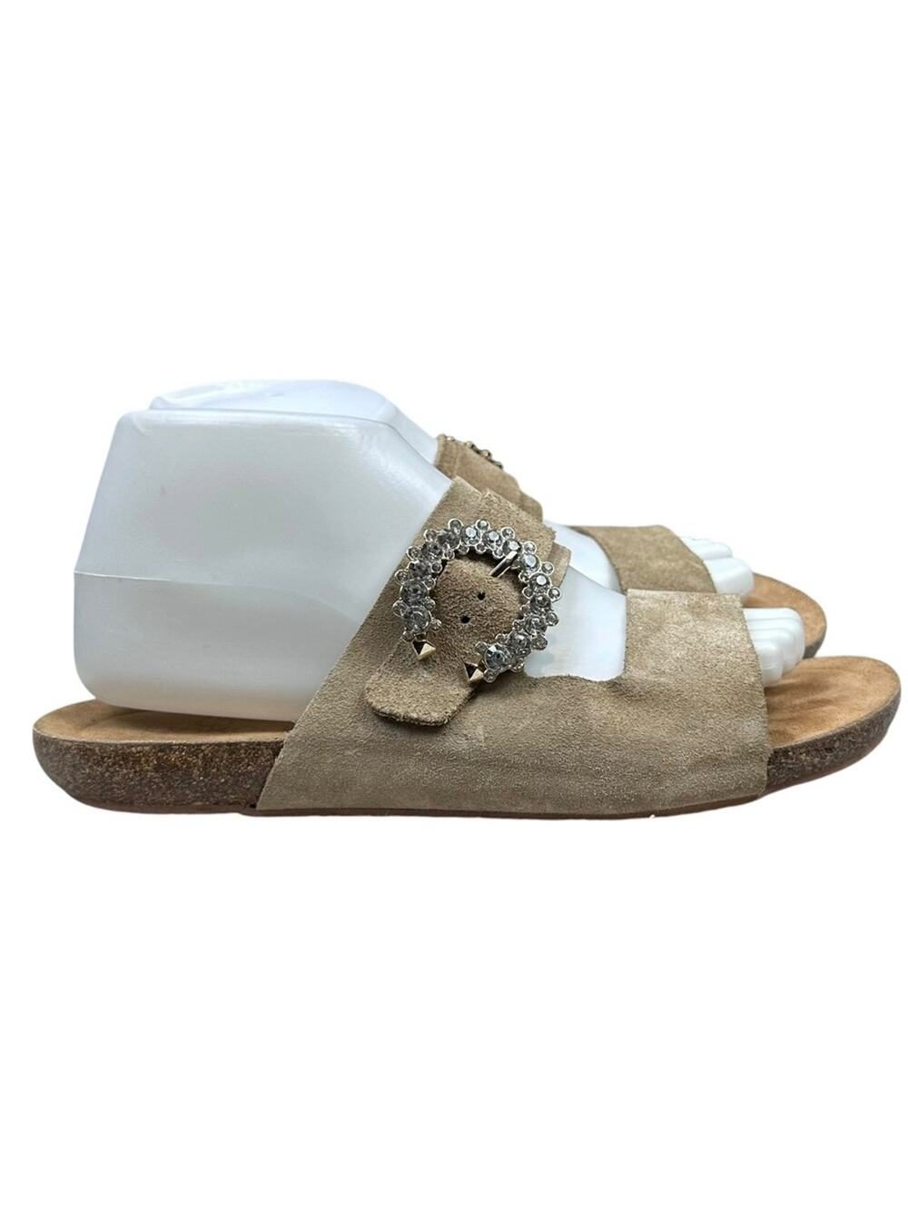 Yokomo Beige Suede Slide Sandals with Rhinestone Buckle Made in Spain Size 9